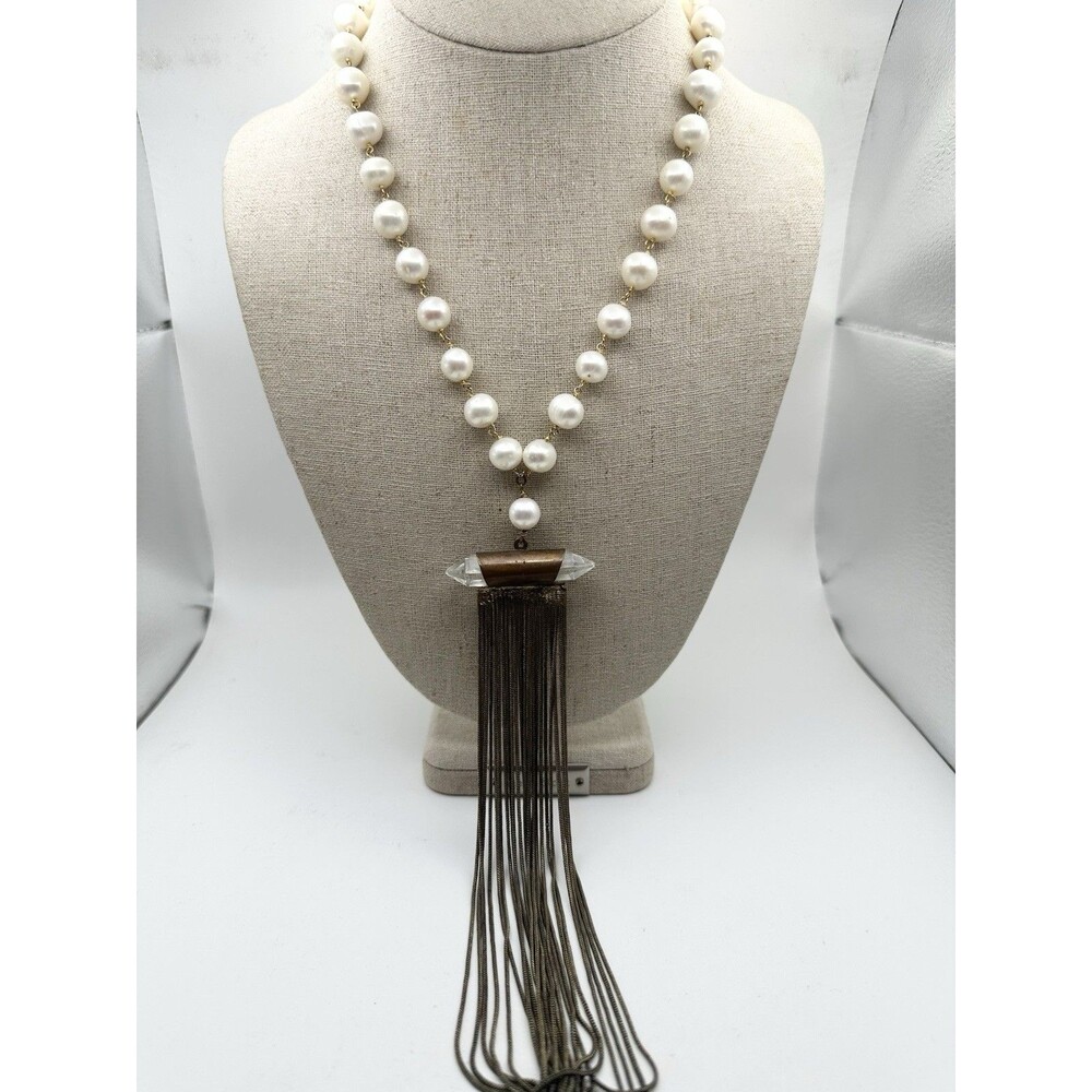 fresh water cultured natural pearl Lava Stone Clear Crystal Tassel Necklace 18”